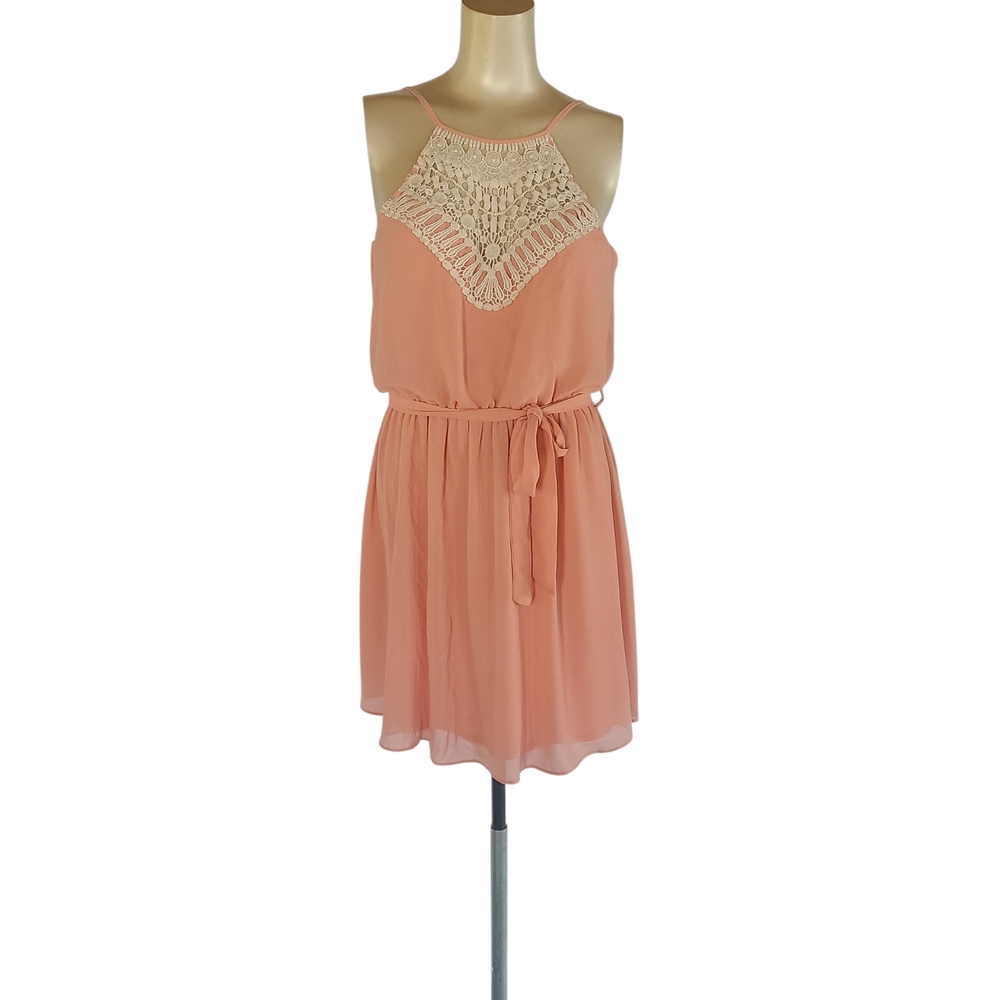 A. Byer Peach Coral Crochet Lace Halter Mini Dress Size S